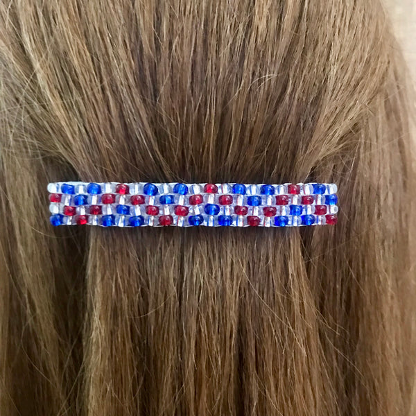 Shiny Patriotic French Barrette In Red, Silver, Blue For Long Hair