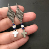 Beaded Metallic Pewter Plated Cross Dangle Earrings