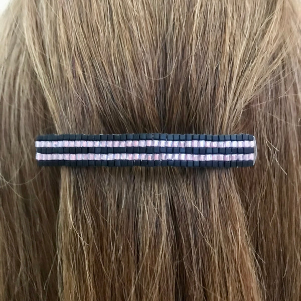 Black And Pink Striped French Barrette, Medium, 70mm