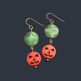Orange Pumpkin Earrings With Green Czech Accent Beads For Fall