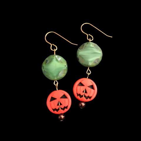 Orange Pumpkin Earrings With Green Czech Accent Beads For Fall