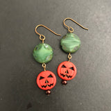 Orange Pumpkin Earrings With Green Czech Accent Beads For Fall