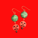 Orange Pumpkin Earrings With Green Czech Accent Beads For Fall