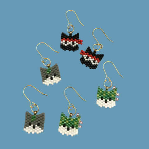 Cat Trio Dangle Earrings, Ninja, Cactus, and Gray Mini Kitschy Cats