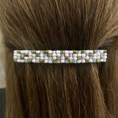 Pink Green Beaded French Barrette, Large, 90mm