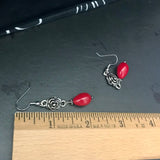 Metal Rose Red Bead Accent Drop Earrings