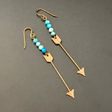 Brass Arrow Long Earrings With Blue Bead Accent