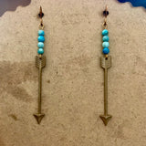 Brass Arrow Long Earrings With Blue Bead Accent