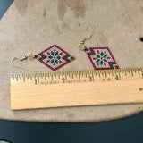 Winter Folk Snowflake Earrings, Red, Green, And Dark Beige