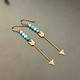 Brass Arrow Long Earrings With Blue Bead Accent