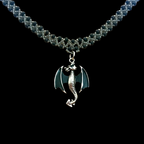 Dragon Charm On Black And Gray Necklace