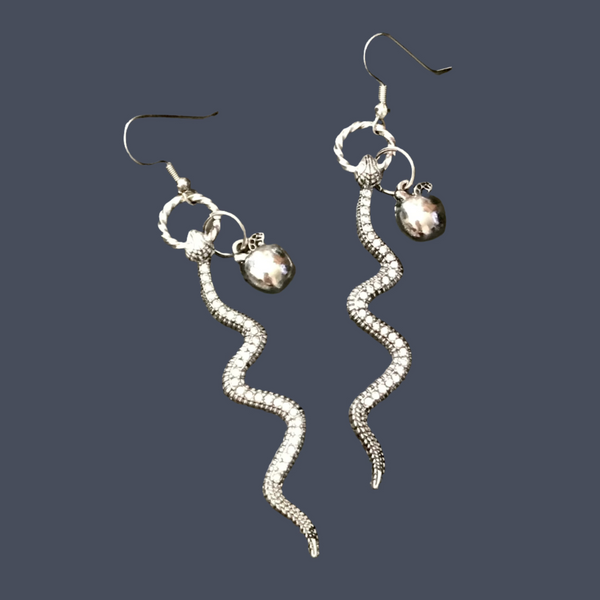 Snake And Apple Long Statement Earrings, Silver Tone