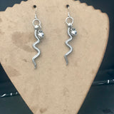 Snake And Apple Long Statement Earrings, Silver Tone