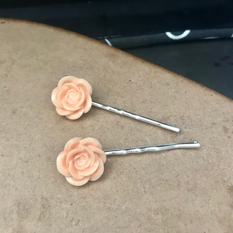 Creamy Peach Flower Decorative Silver Plated Bobby Pins