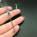 Brass Arrow Long Earrings With Blue Bead Accent