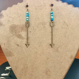 Brass Arrow Long Earrings With Blue Bead Accent