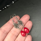 Metal Rose Red Bead Accent Drop Earrings