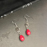 Metal Rose Red Bead Accent Drop Earrings