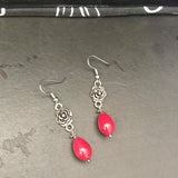 Metal Rose Red Bead Accent Drop Earrings