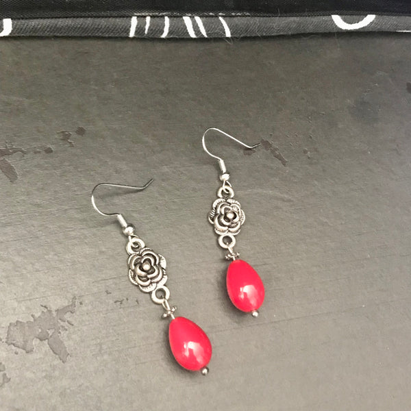 Metal Rose Red Bead Accent Drop Earrings