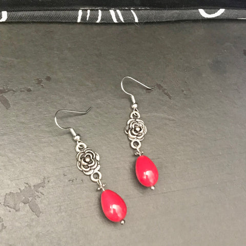Metal Rose Red Bead Accent Drop Earrings