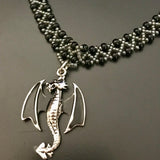 Dragon Charm On Black And Gray Necklace