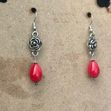 Metal Rose Red Bead Accent Drop Earrings