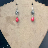 Metal Rose Red Bead Accent Drop Earrings