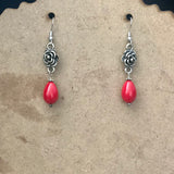 Metal Rose Red Bead Accent Drop Earrings