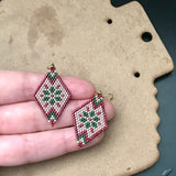 Winter Folk Snowflake Earrings, Red, Green, And Dark Beige