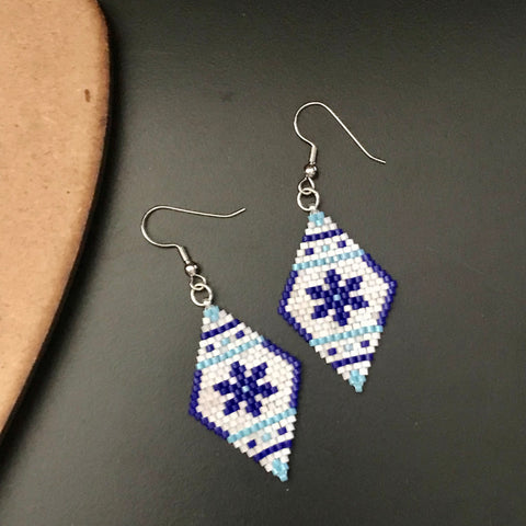 Snowflake White And Blue Dangle Earrings Winter Jewelry