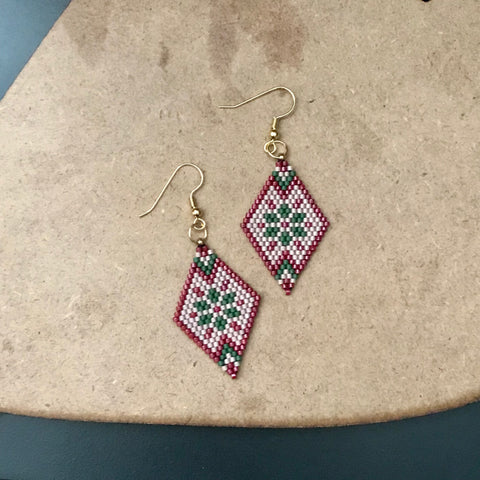 Winter Folk Snowflake Earrings, Red, Green, And Dark Beige