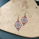 Winter Folk Snowflake Earrings, Red, Green, And Dark Beige