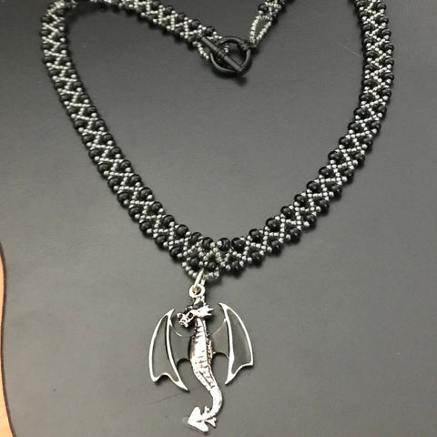 Dragon Charm On Black And Gray Necklace