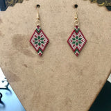 Winter Folk Snowflake Earrings, Red, Green, And Dark Beige