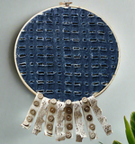 Distressed Denim Earring Hanger And Wall Decor With Fringe Accent