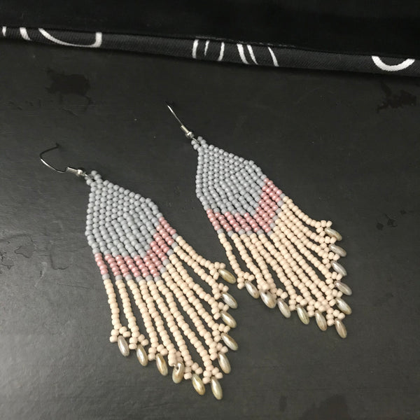 Long Beaded Pastel Earrings, Blue, Pink, And Light Beige