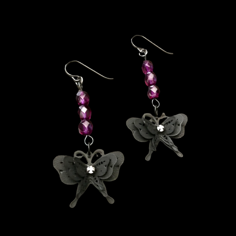 Black Butterfly Dangle Earrings With Purple Accent Beads
