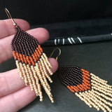 Long Beaded Earrings In Brown, Burnt Orange, And Beige