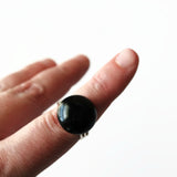 Jet Black Glass Domed Cabochon Silver Plated Adjustable Ring