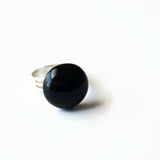 Jet Black Glass Domed Cabochon Silver Plated Adjustable Cocktail Ring
