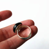 Jet Black Glass Domed Cabochon Silver Plated Adjustable Cocktail Ring