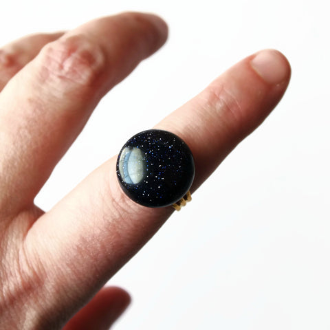 Black Goldstone Ring With Adjustable Gold Plated Band