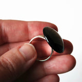 Large Black Round Glass Statement Ring, Adjustable Silver Plated Band