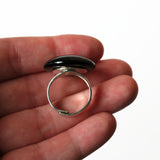 Large Black Round Glass Statement Ring, Adjustable Silver Plated Band