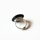 Large Black Round Glass Statement Ring, Adjustable Silver Plated Band