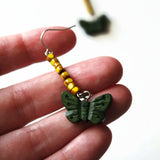Green Butterfly Dangle Earrings With Yellow Accent Beads
