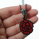 Black And Red Beaded Rose Necklace With Pewter Skull Slider Charm