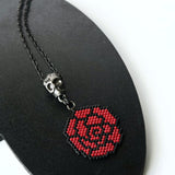 Black And Red Beaded Rose Necklace With Pewter Skull Slider Charm