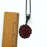 Black And Red Beaded Rose Necklace With Pewter Skull Slider Charm